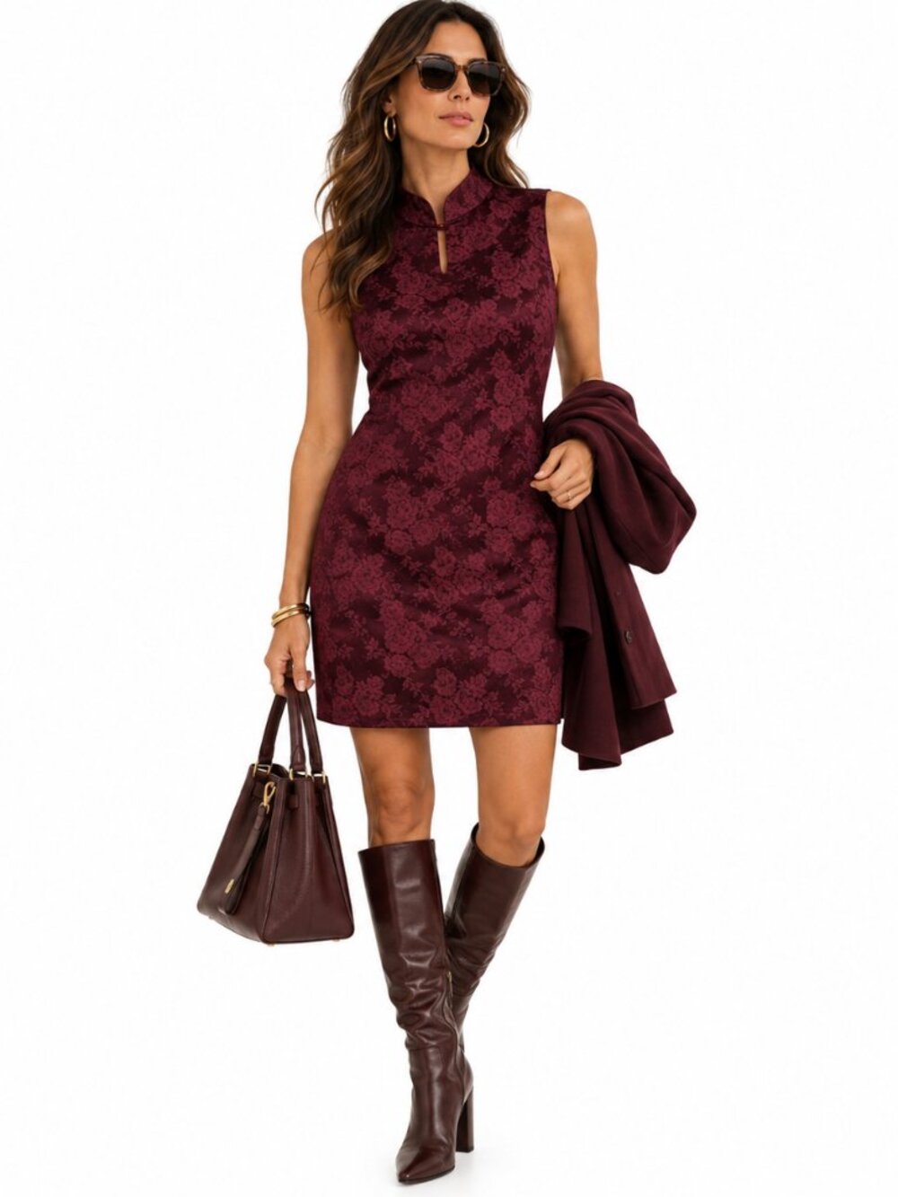 Wanted Brocade Mini Dress Womens 7 Burgundy Floral Mandarin Collar USA Vintage
